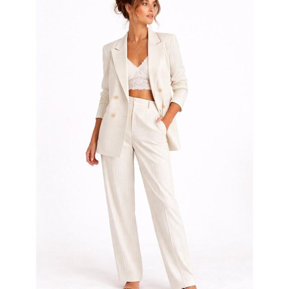 IPEKOL Pin stripped Size 16 Double Breasted Long Sleeve Linen blend Suit NWT